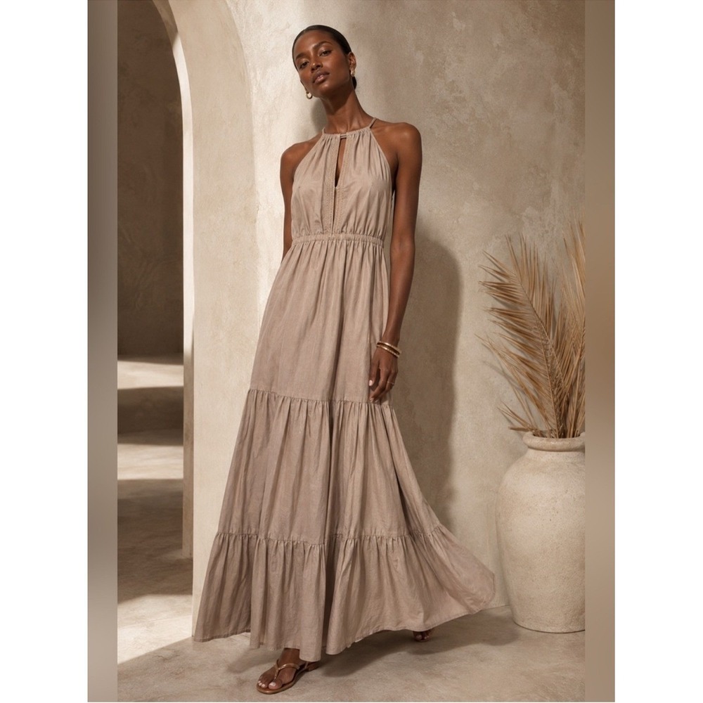 Rachel Zoe Tiered Halter Maxi Dress Boho Tan XL Pockets Linen Blend